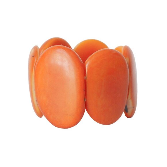 Tagua Nut Wide Cuff Bracelet Red Orange Oval Bean Shape Handmade Ecuador - Picture 2 of 5